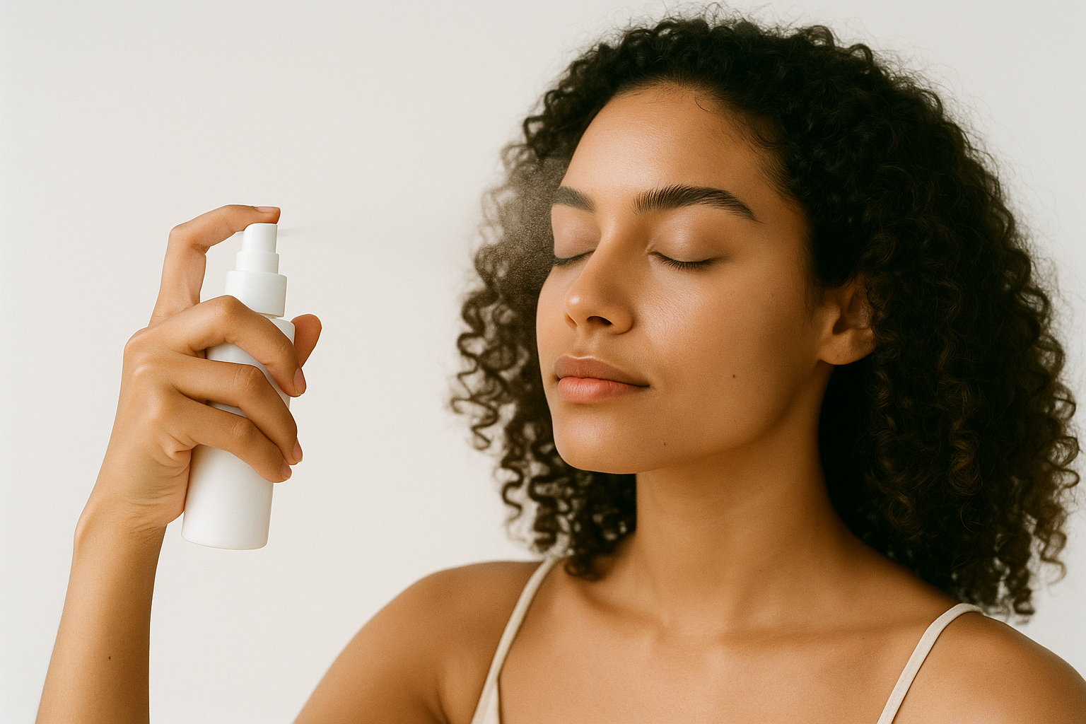 Brasileira aplicando bruma fixadora · paleta editorial SBeauty · setting spray cosmético resistente à água