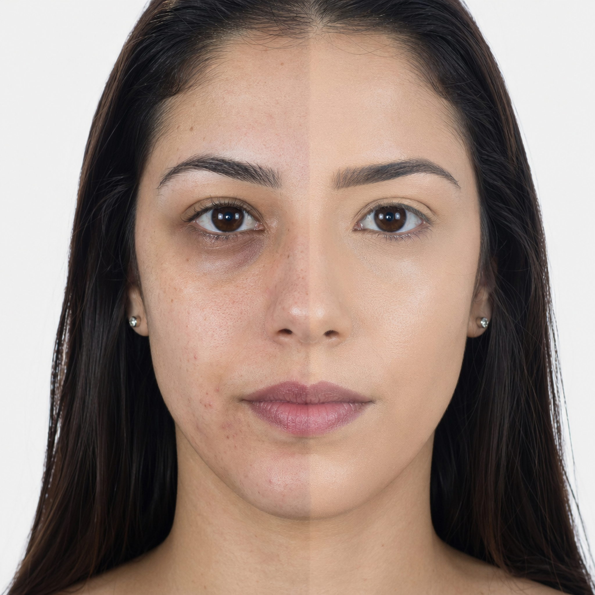 Corretivo Líquido bBeauty Cover Up · numeração 03 aplicado · half-face metade rosto com corretivo / metade sem · jovem 28 anos · morena cabelo escuro liso · pele clara-média