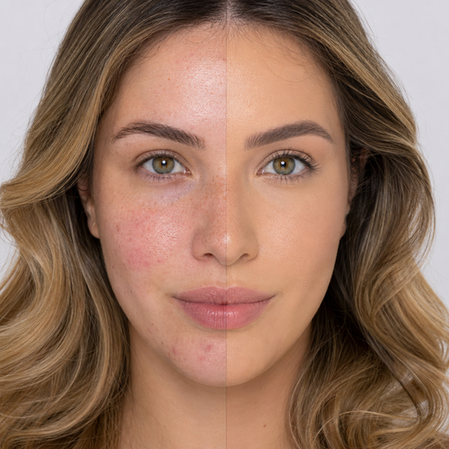 Base Fluida 01 aplicada · half-face metade rosto com base / metade sem · jovem 23 anos · LOIRA · pele clara warm · freckles