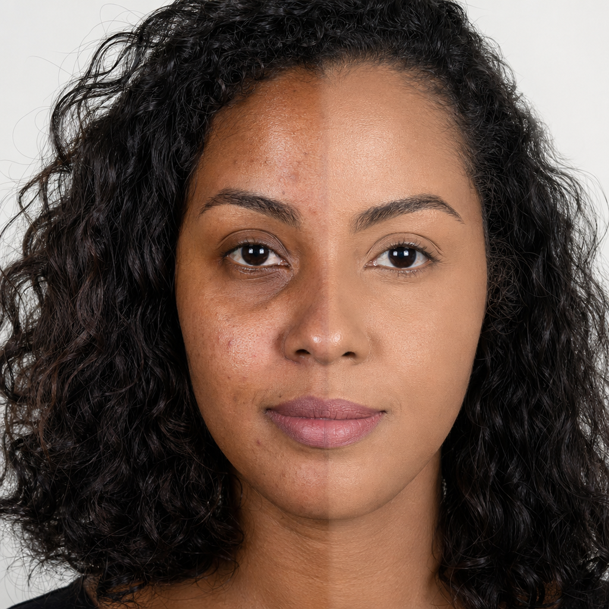 Corretivo Líquido bBeauty Cover Up · numeração 08 aplicado · half-face metade rosto com corretivo / metade sem · jovem 32 anos · negra · cabelo natural ondulado · pele profunda warm