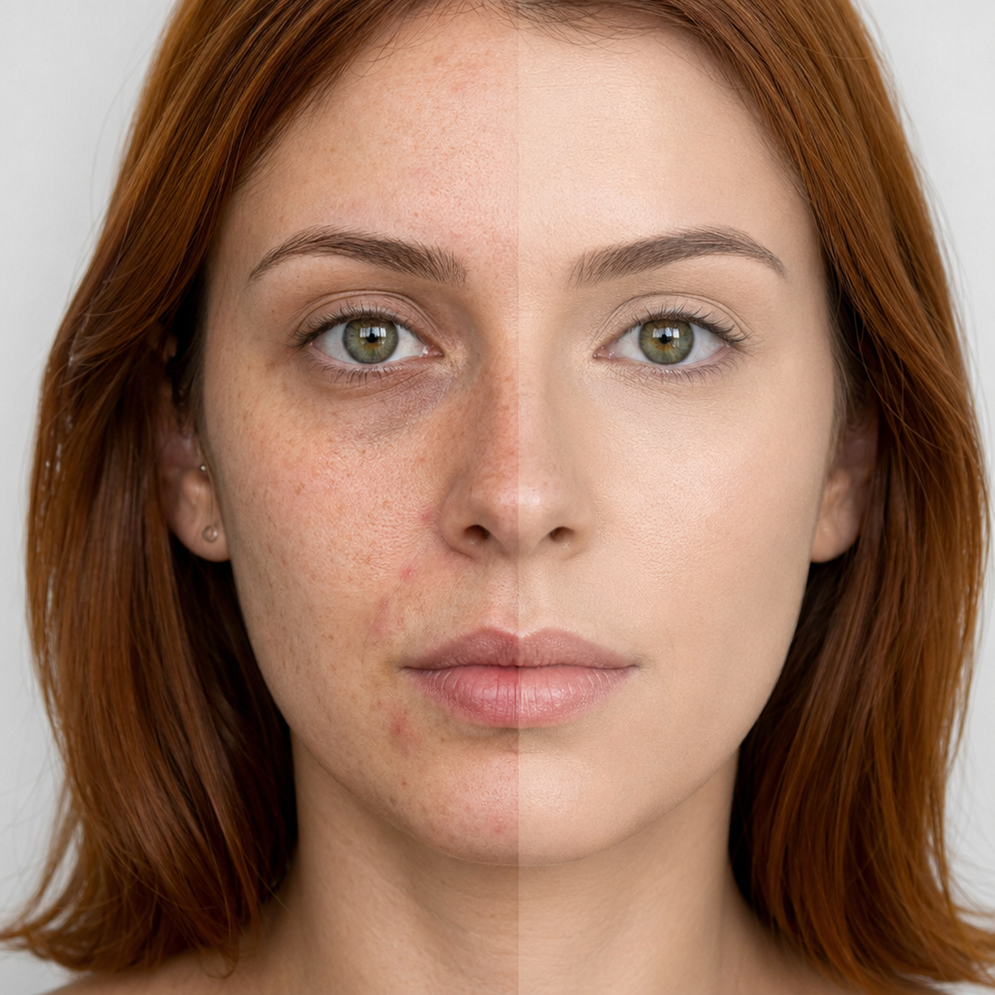 Corretivo Líquido bBeauty Cover Up · numeração 02 aplicado · half-face metade rosto com corretivo / metade sem · jovem 26 anos · ruiva auburn · pele clara neutra