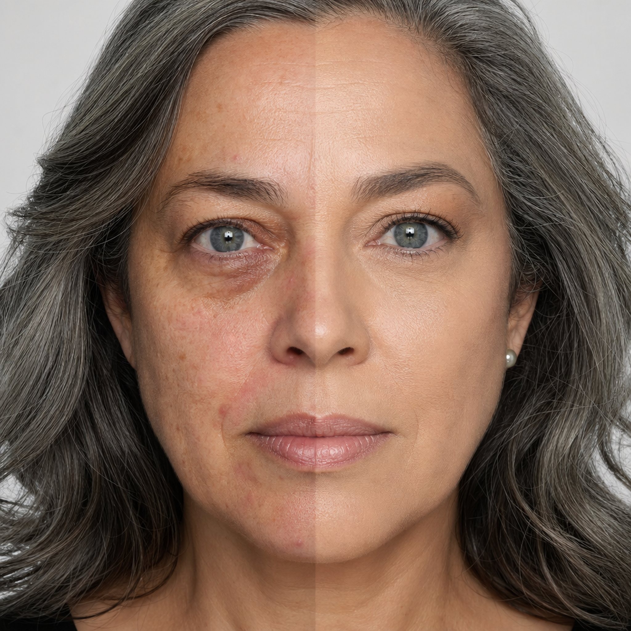 Corretivo Líquido bBeauty Cover Up · numeração 04 aplicado · half-face metade rosto com corretivo / metade sem · madura 50 anos · grisalha elegante · linhas finas naturais