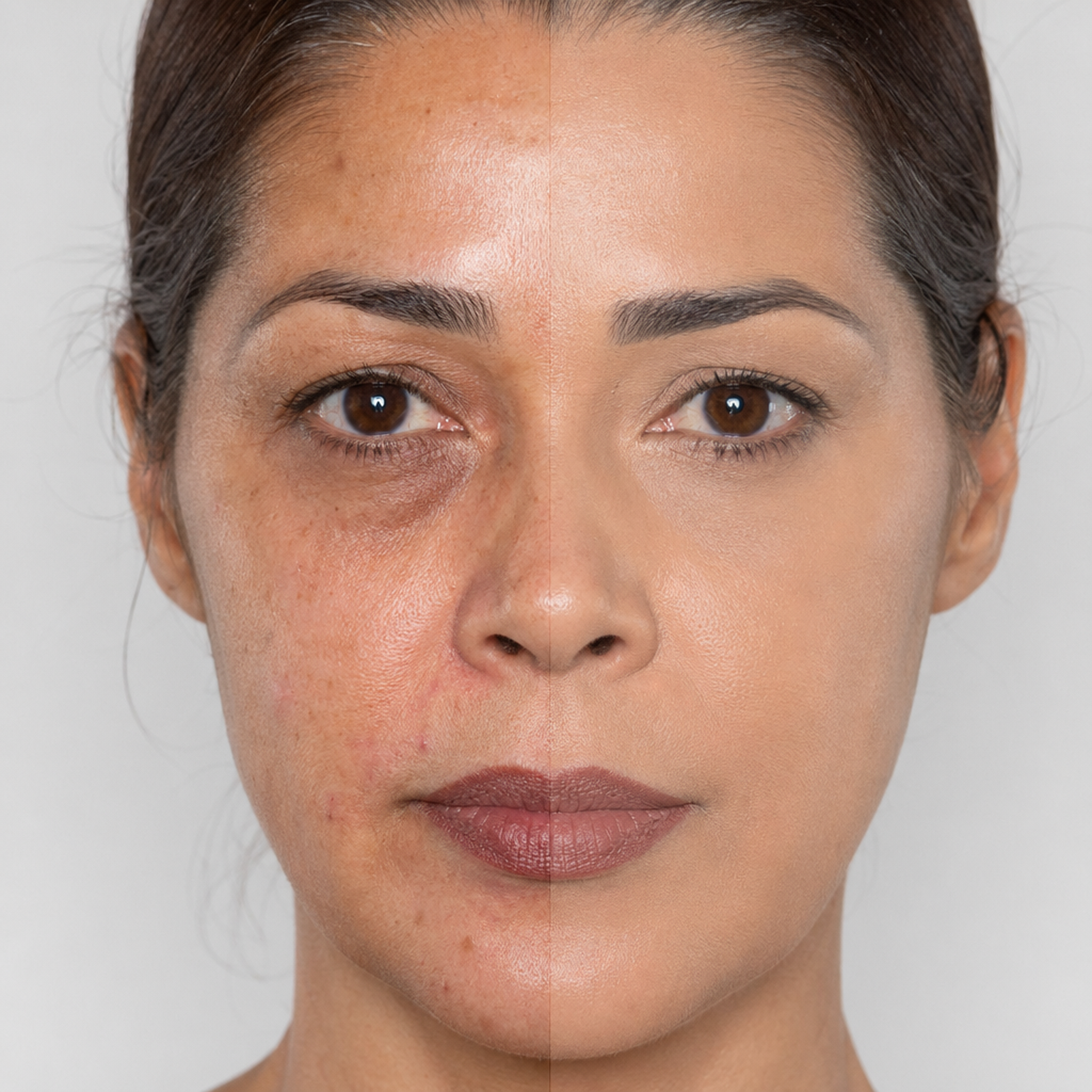 Corretivo Líquido bBeauty Cover Up · numeração 06 aplicado · half-face metade rosto com corretivo / metade sem · madura 42 anos · low bun · pele média-escura olive · linhas