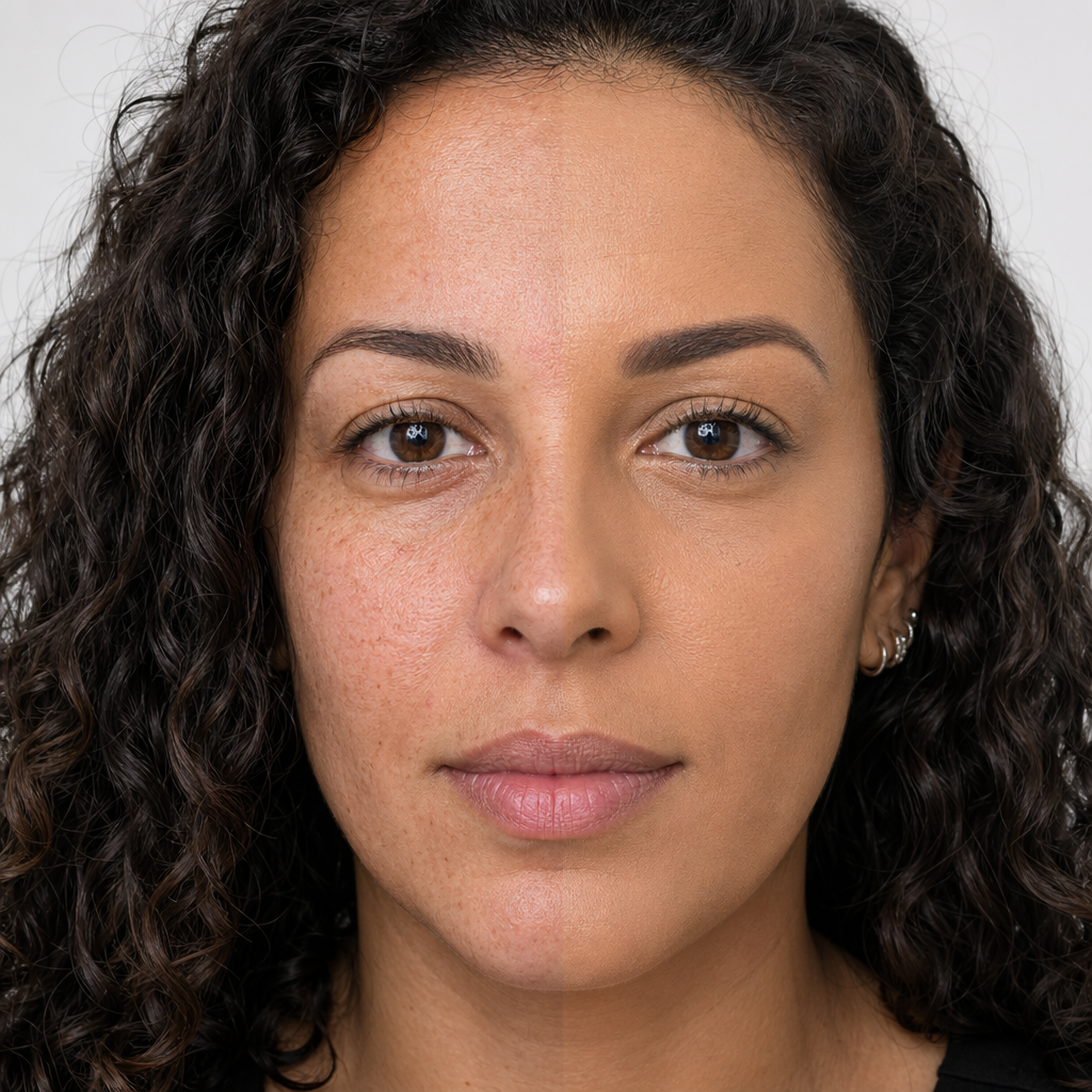 Base Fluida 05 aplicada · half-face metade rosto com base / metade sem · jovem 32 anos · MORENA cachos · pele média-quente parda