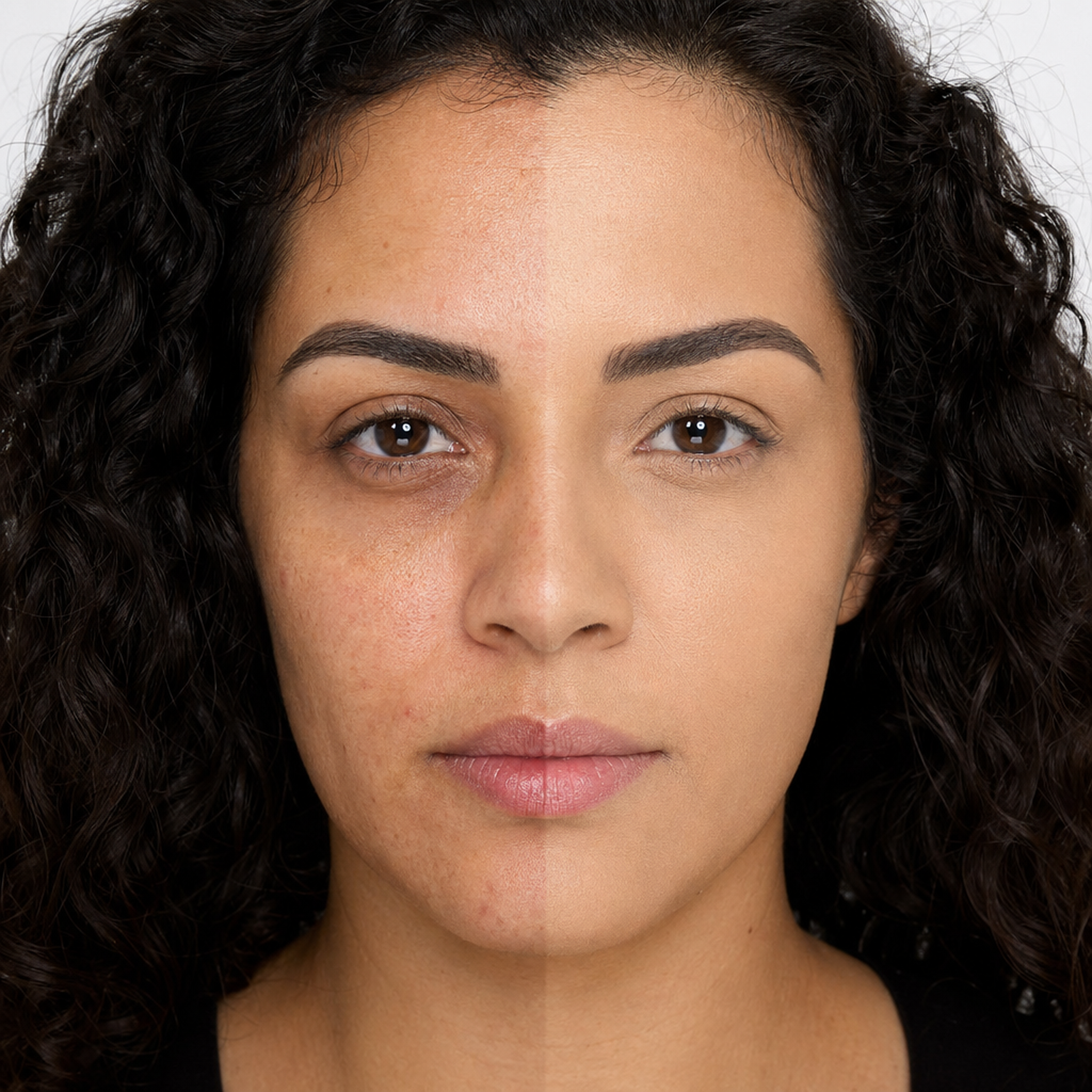Corretivo Líquido bBeauty Cover Up · numeração 05 aplicado · half-face metade rosto com corretivo / metade sem · jovem 30 anos · morena cachos · pele média parda