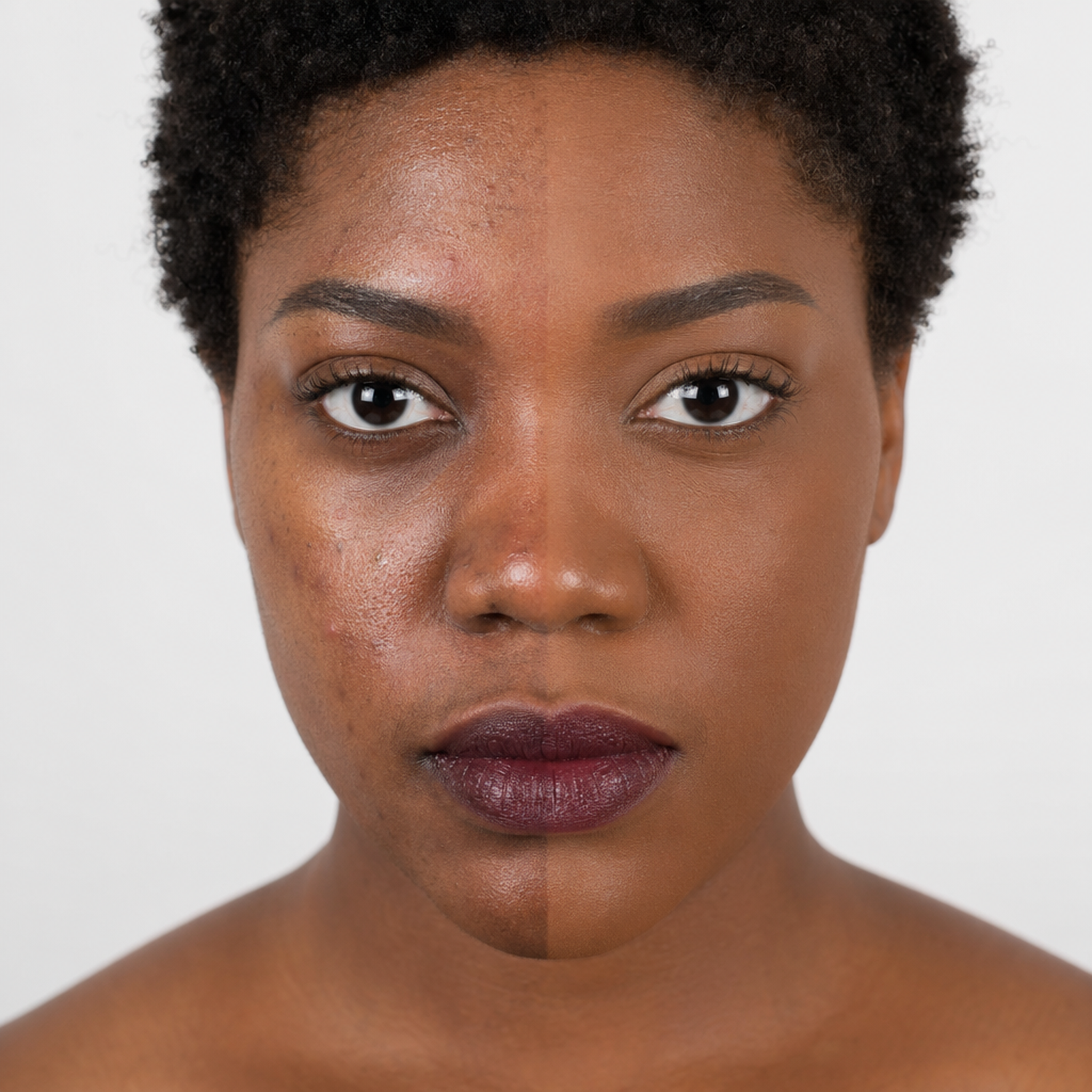 Base Fluida 10 aplicada · half-face metade rosto com base / metade sem · jovem 26 anos · NEGRA · afro natural · pele profunda chocolate