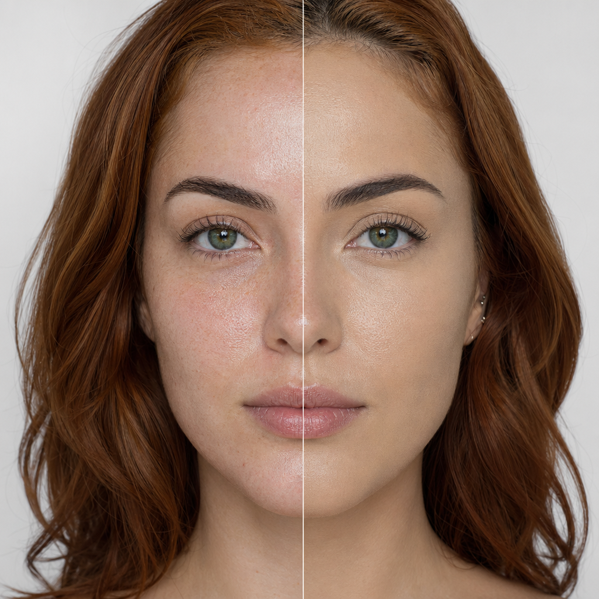 Base Fluida 02 aplicada · half-face metade rosto com base / metade sem · jovem 27 anos · RUIVA AUBURN · pele clara neutro · freckles