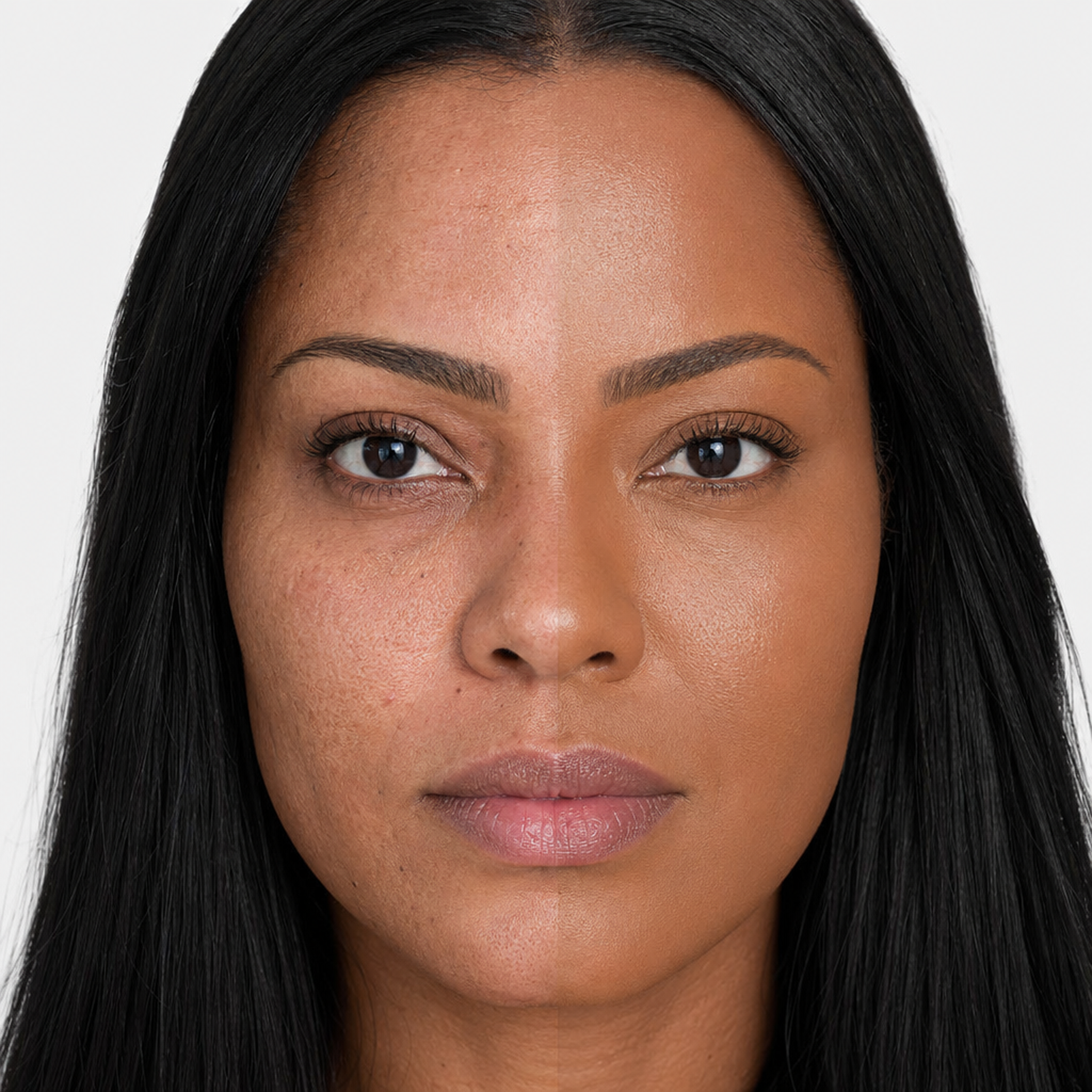 Base Fluida 09 aplicada · half-face metade rosto com base / metade sem · jovem 33 anos · NEGRA · cabelo liso preto longo