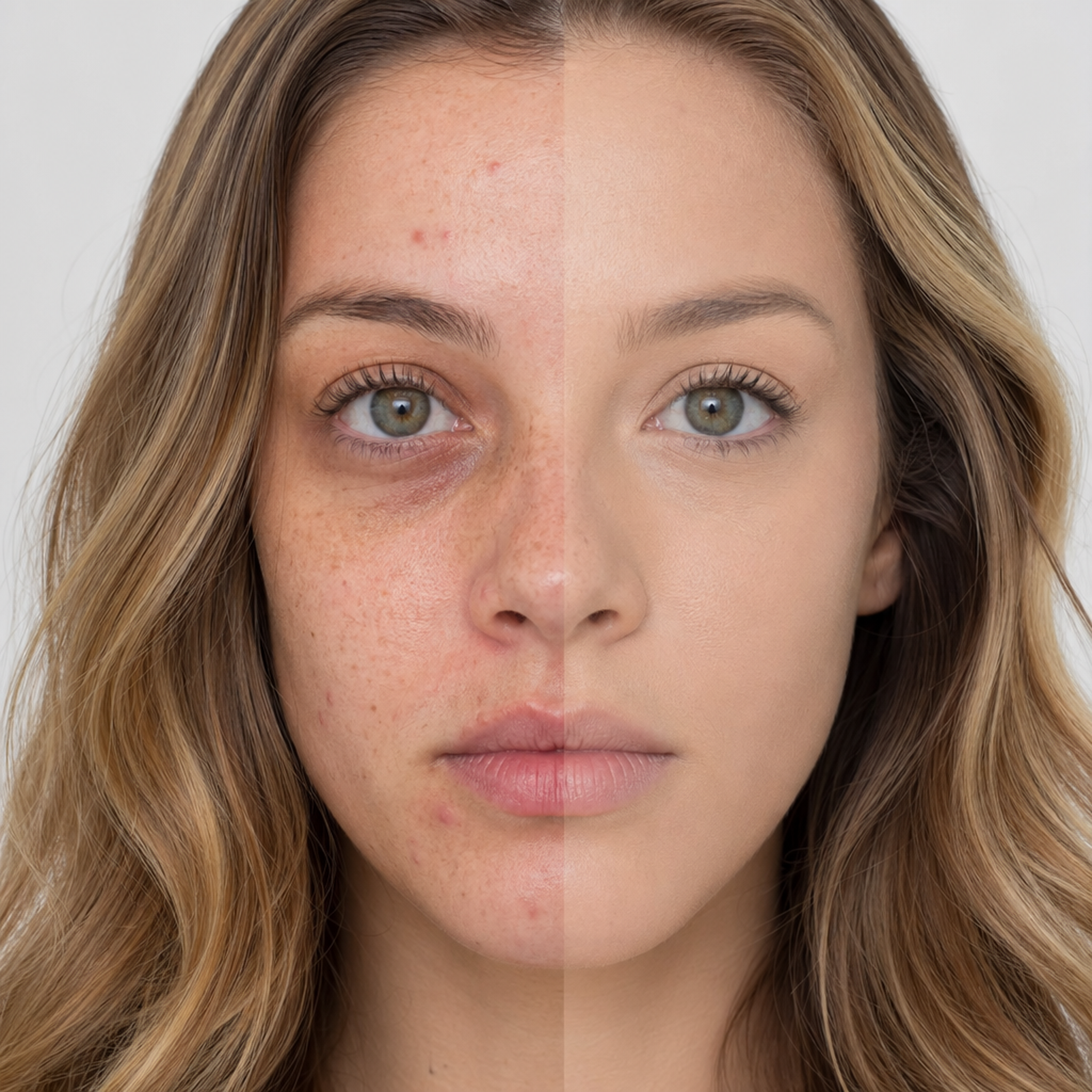 Corretivo Líquido bBeauty Cover Up · numeração 01 aplicado · half-face metade rosto com corretivo / metade sem · jovem 22 anos · loira · pele clara warm · freckles