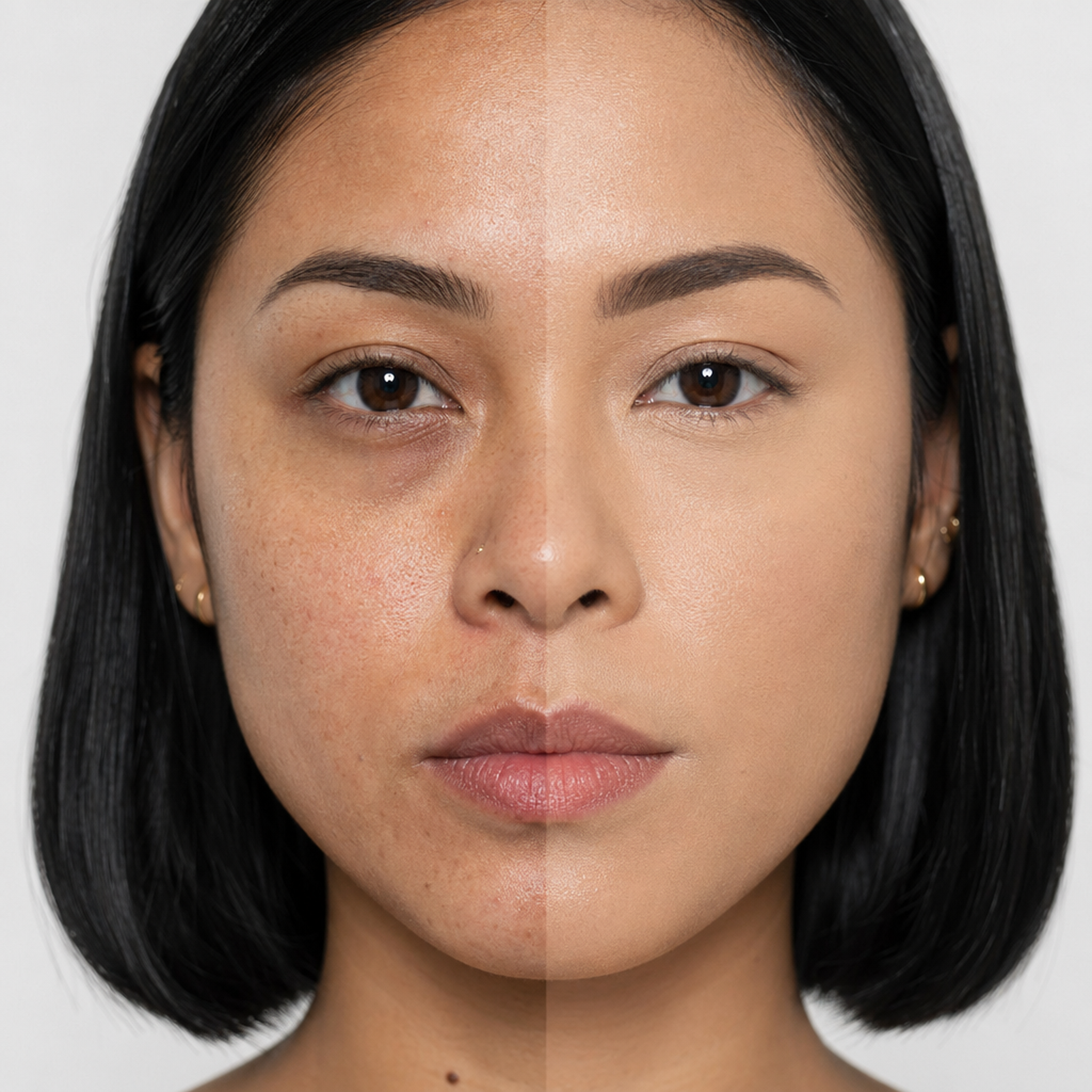 Corretivo Líquido bBeauty Cover Up · numeração 07 aplicado · half-face metade rosto com corretivo / metade sem · jovem 28 anos · asiática brasileira · cabelo bob preto