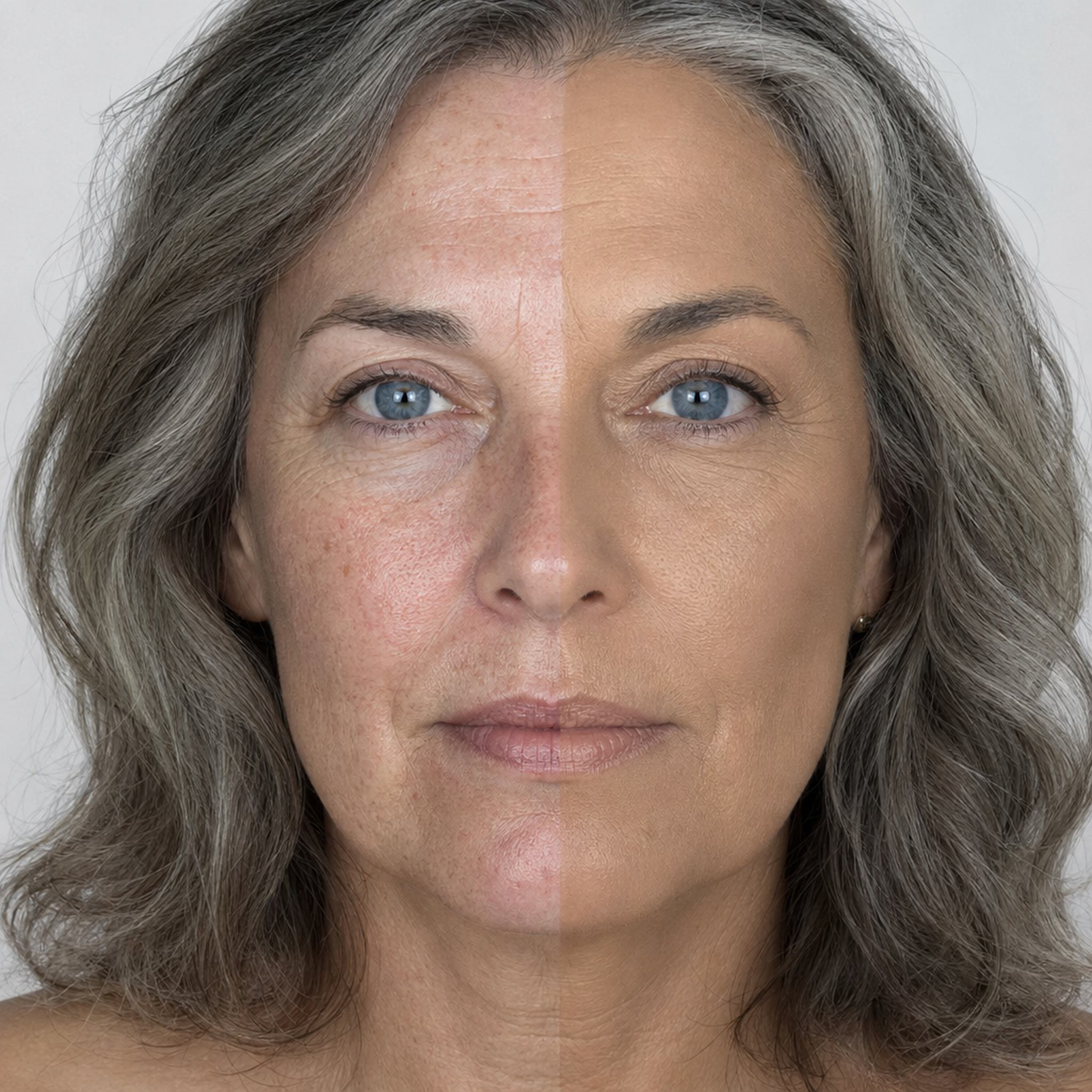 Base Fluida 04 aplicada · half-face metade rosto com base / metade sem · mulher madura 55 anos · GRISALHA · linhas finas · olhos azuis