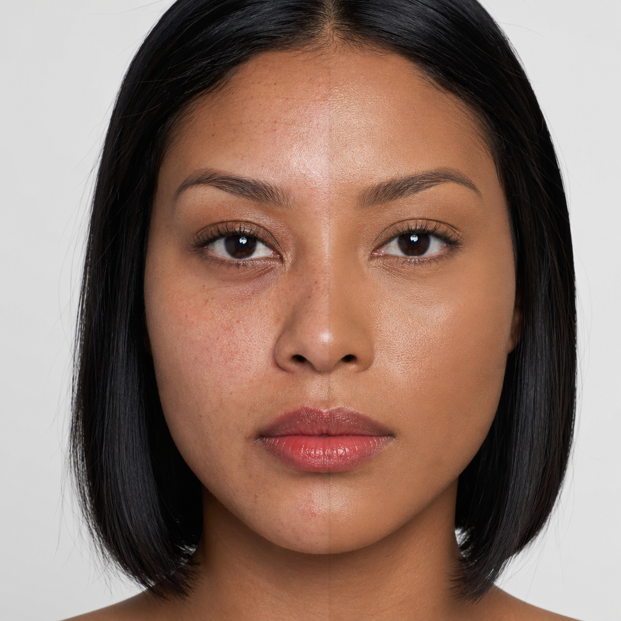 Base Fluida 07 aplicada · half-face metade rosto com base / metade sem · jovem 29 anos · ASIÁTICA brasileira · cabelo bob preto
