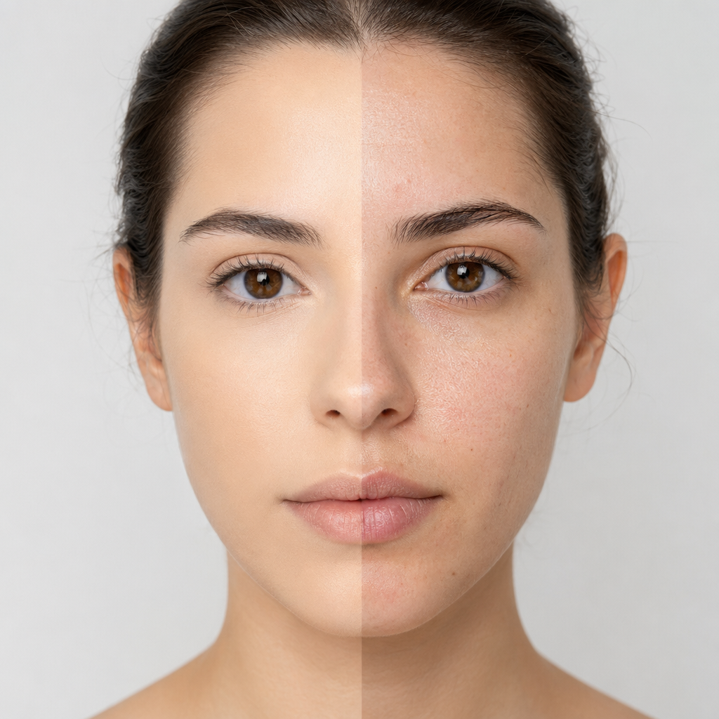 Modelo aplicando Base BBeauty Cor 01 · half-face split