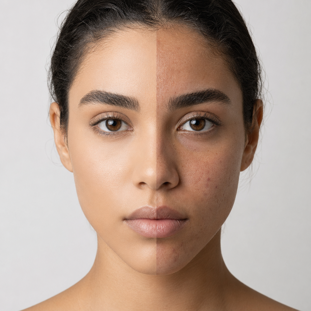 Modelo aplicando Base BBeauty Cor 02 · half-face split