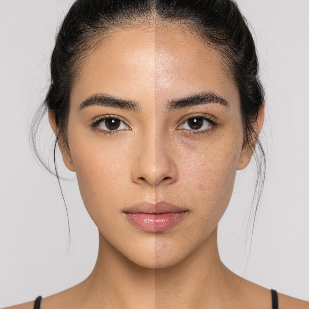 Modelo aplicando Base BBeauty Cor 03 · half-face split