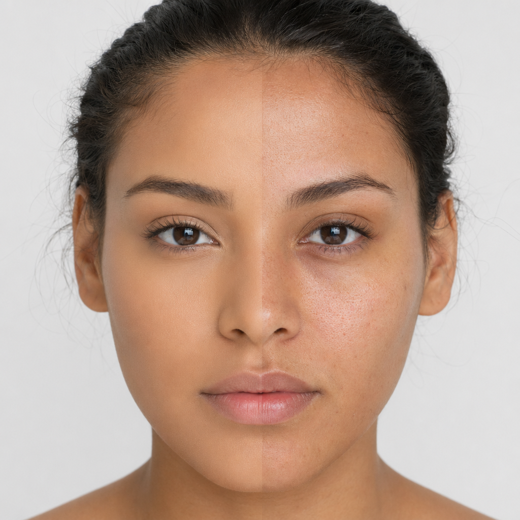 Modelo aplicando Base BBeauty Cor 04 · half-face split