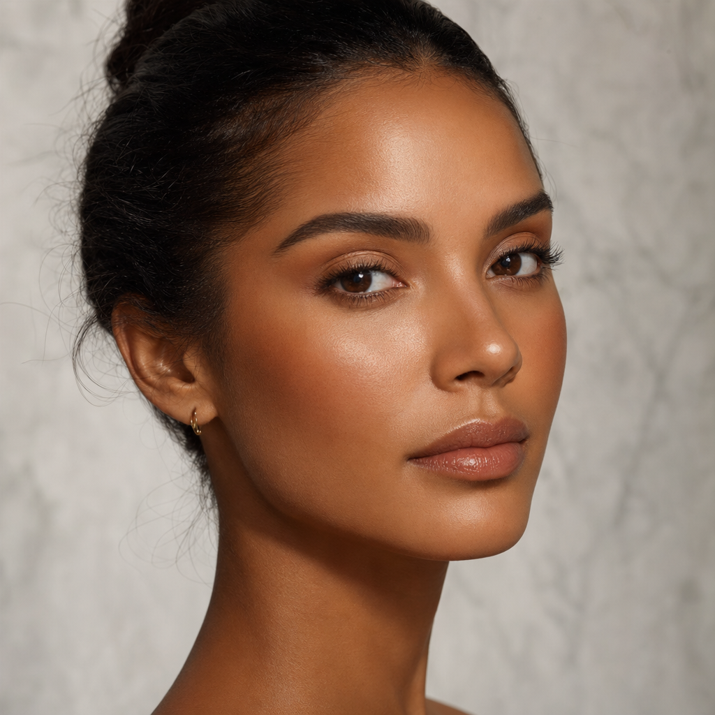 Mulher latina pele dourada com contorno bronze · close rosto