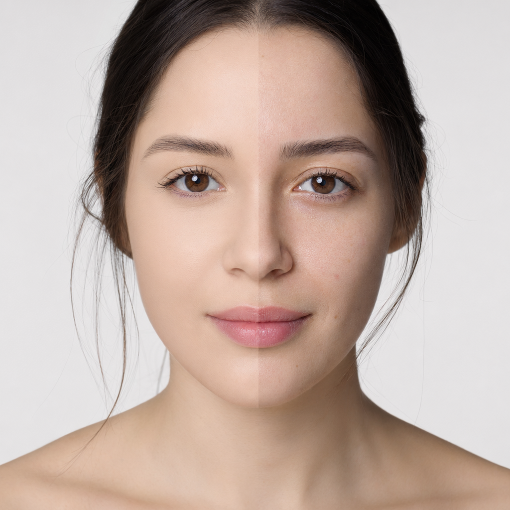 Pó Compacto bBeauty Powder · Tom 01 · half-face metade rosto com pó / metade sem
