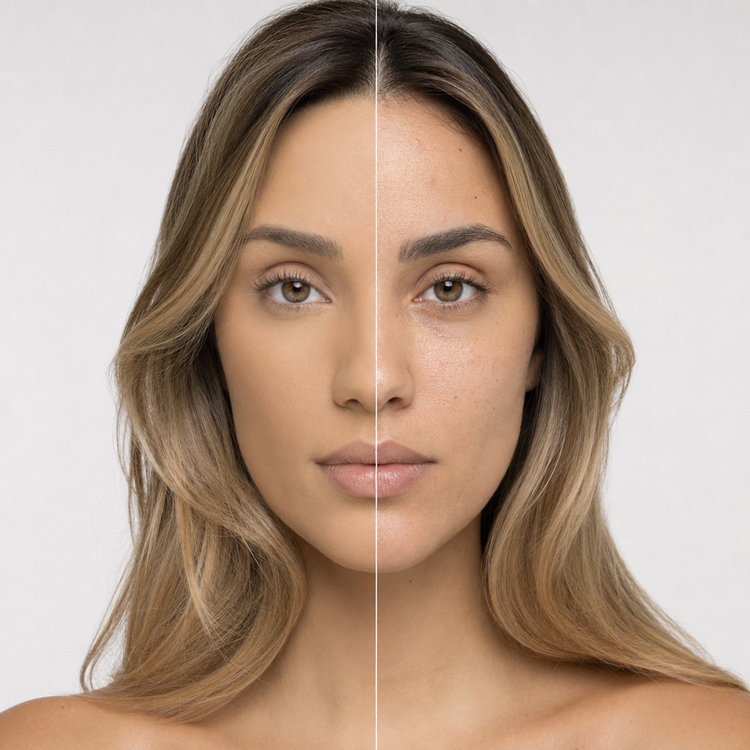 Pó Compacto bBeauty Powder · Tom 03 · half-face metade rosto com pó / metade sem