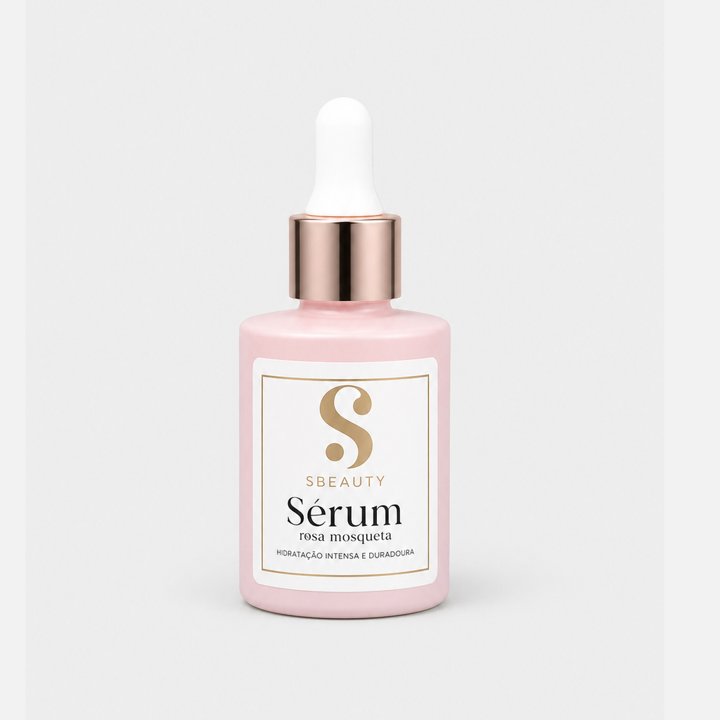 Sérum Rosa Mosqueta SBeauty 30ml frasco rosa fosco com dropper rose gold em fundo cinza claro