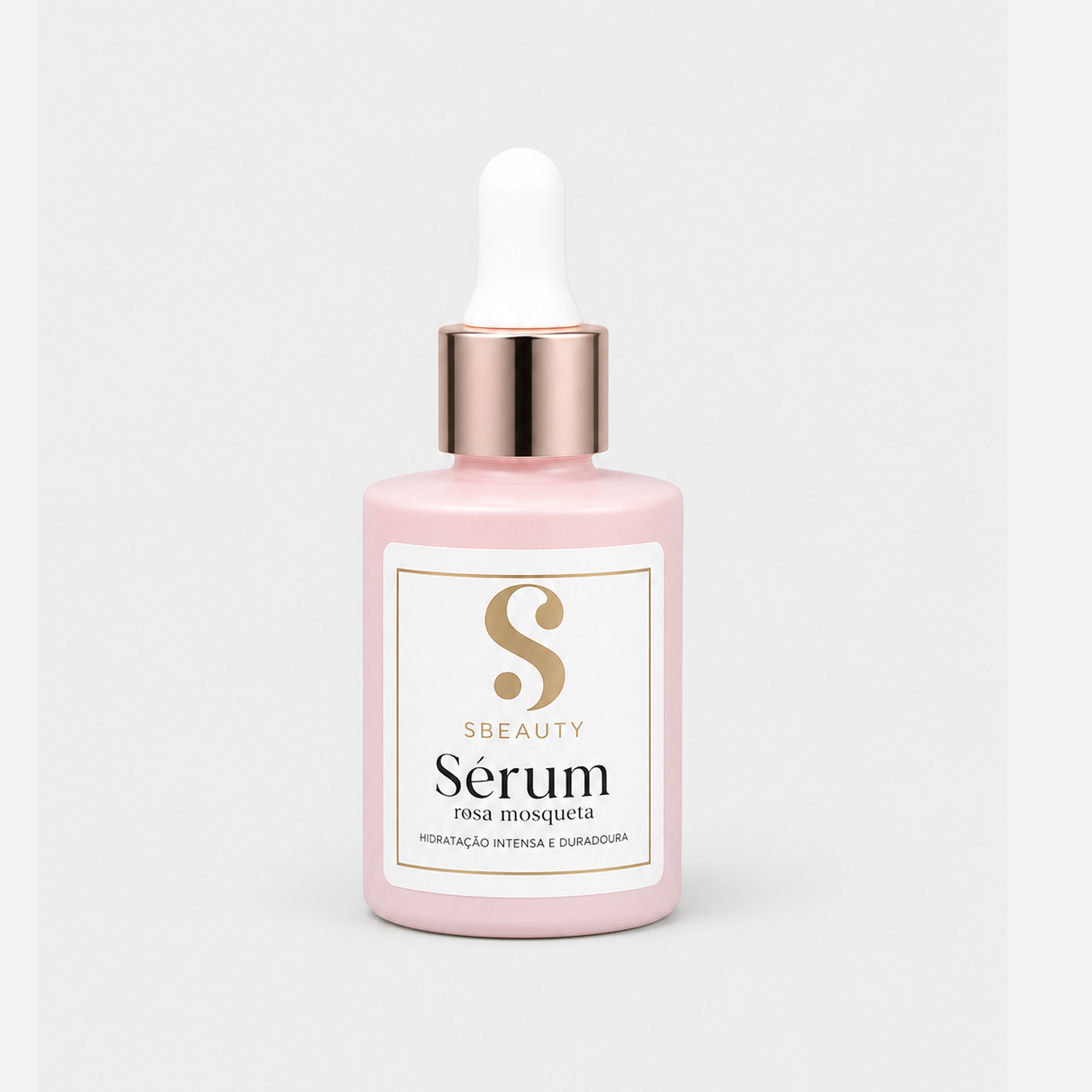 Sérum Rosa Mosqueta SBeauty 30ml frasco rosa fosco com dropper rose gold em fundo cinza claro