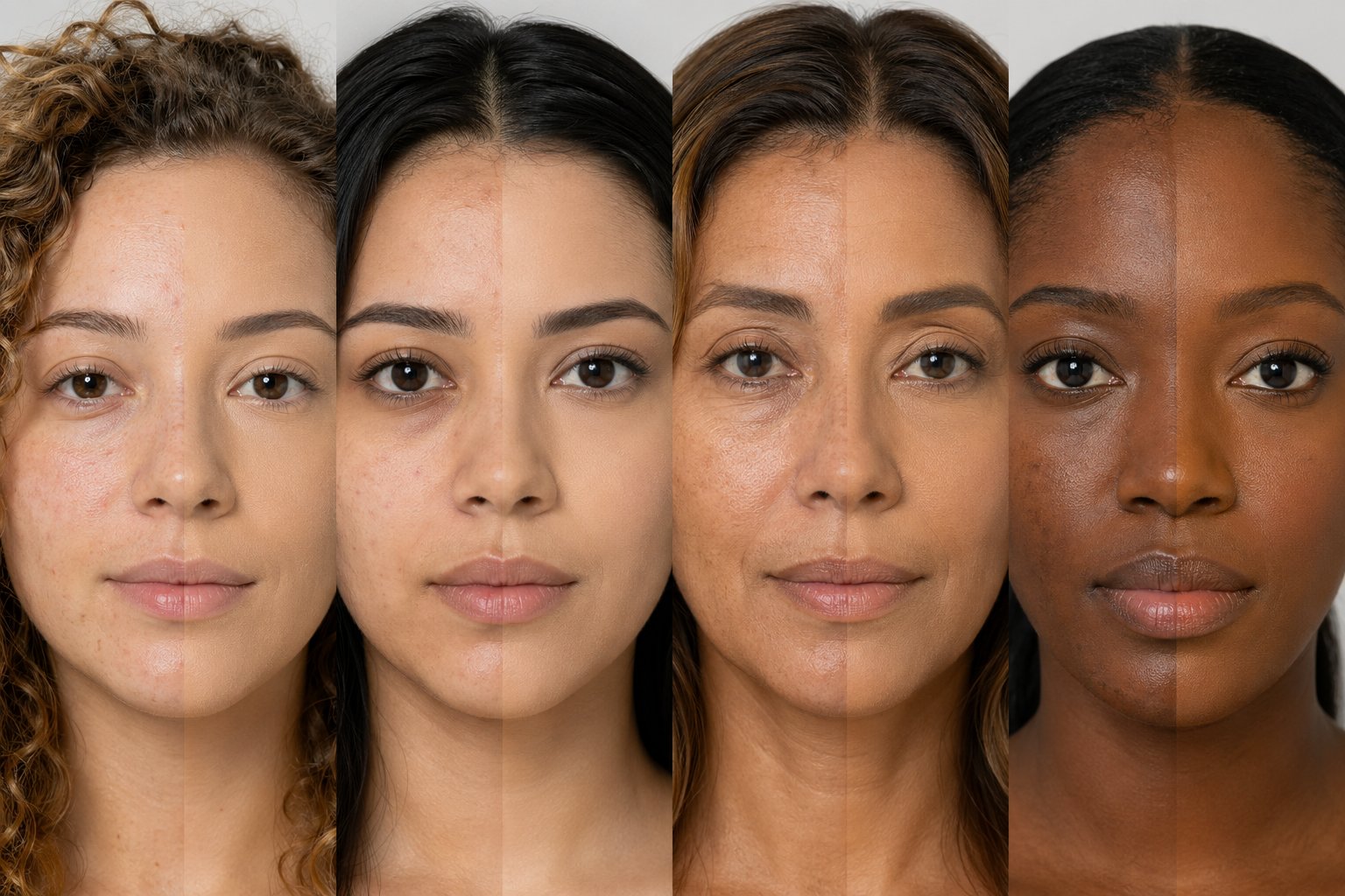 Base Fluida bBeauty Fluid SBeauty · 4 mulheres mostrando resultado real com cobertura matte elegante